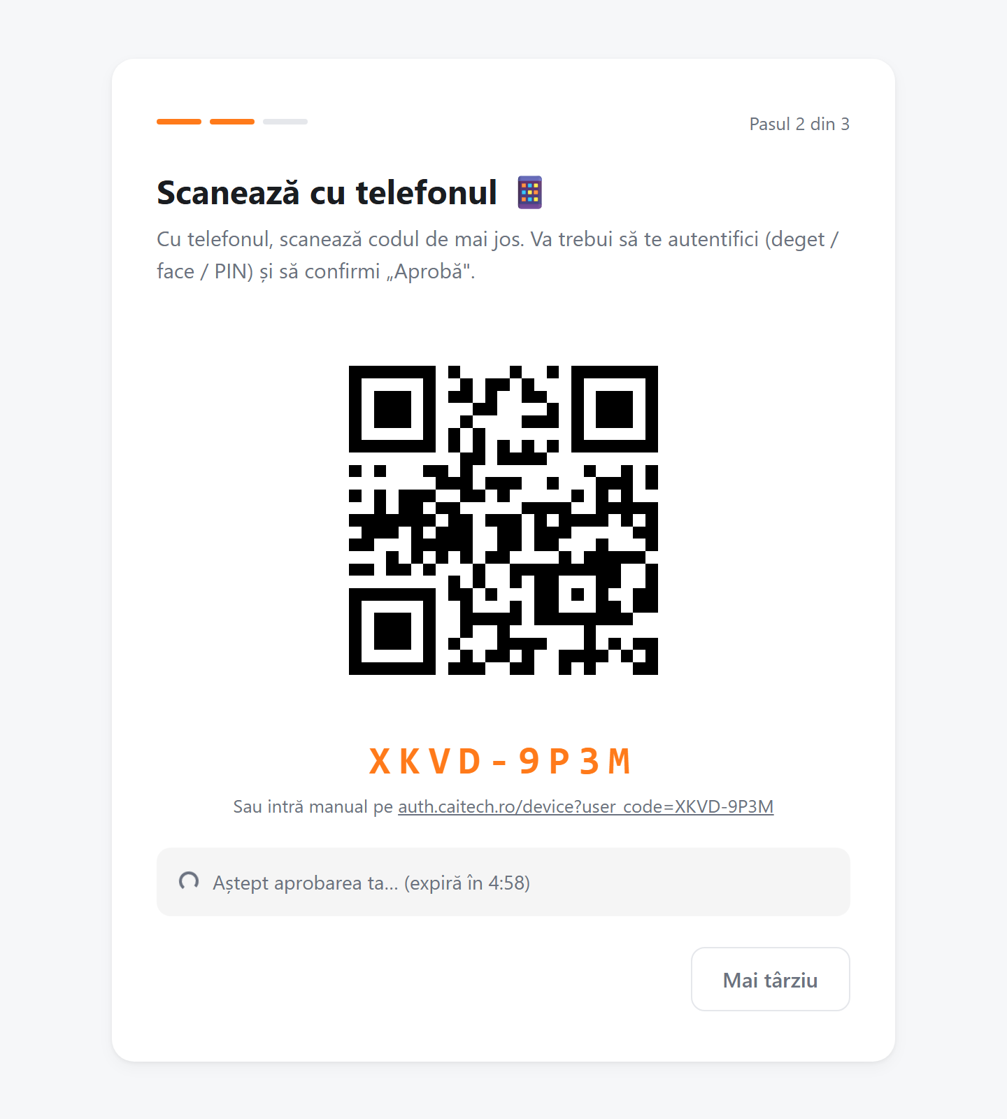 Pasul 2 — cod QR mare cu cod manual de 8 caractere afișat dedesubt